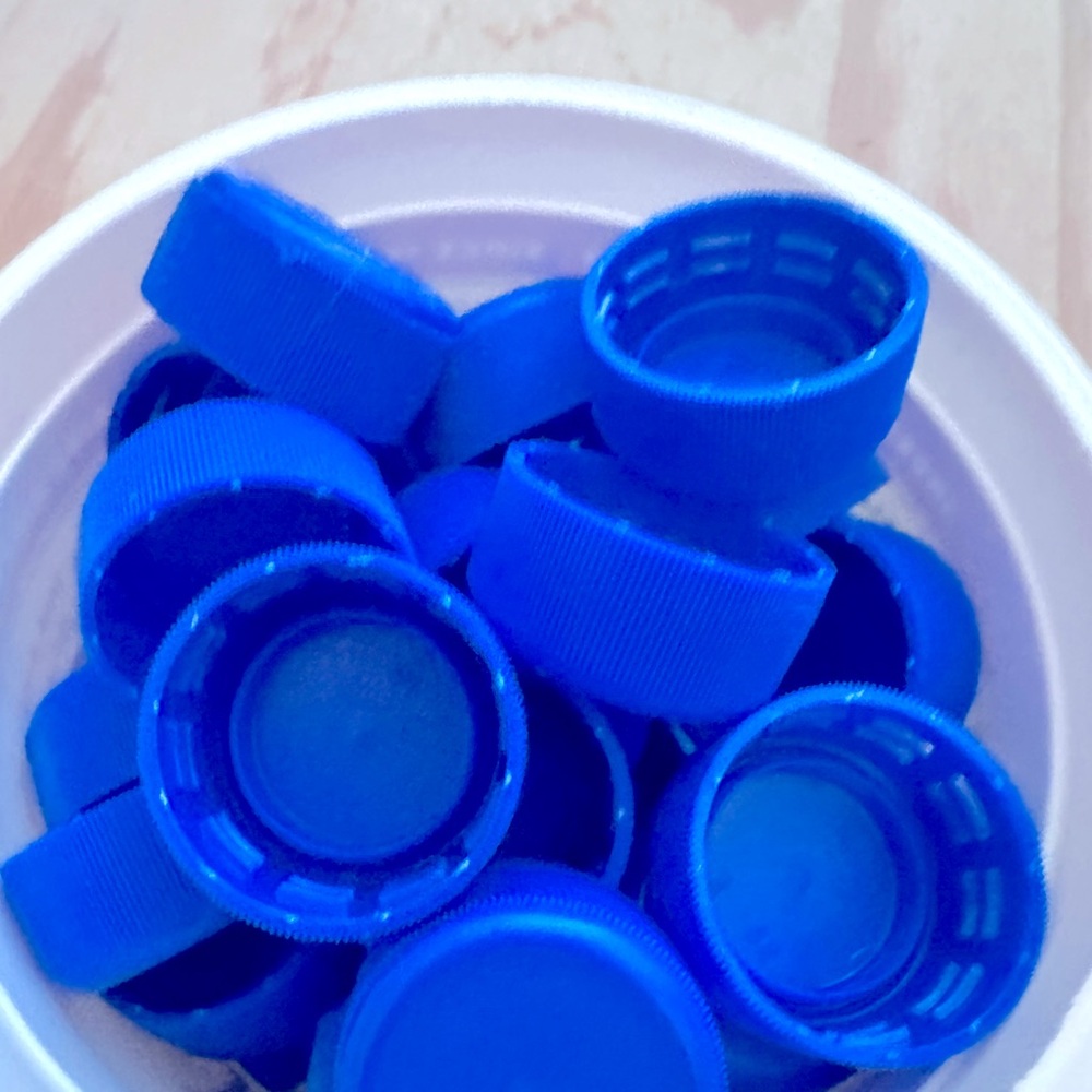 Blue Plastic Bottle Caps lot of 70 with container Arts and Crafts